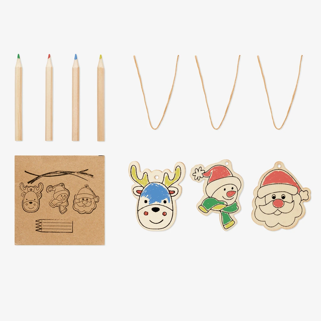 Set de adornos navideños de madera para colorear con lápices