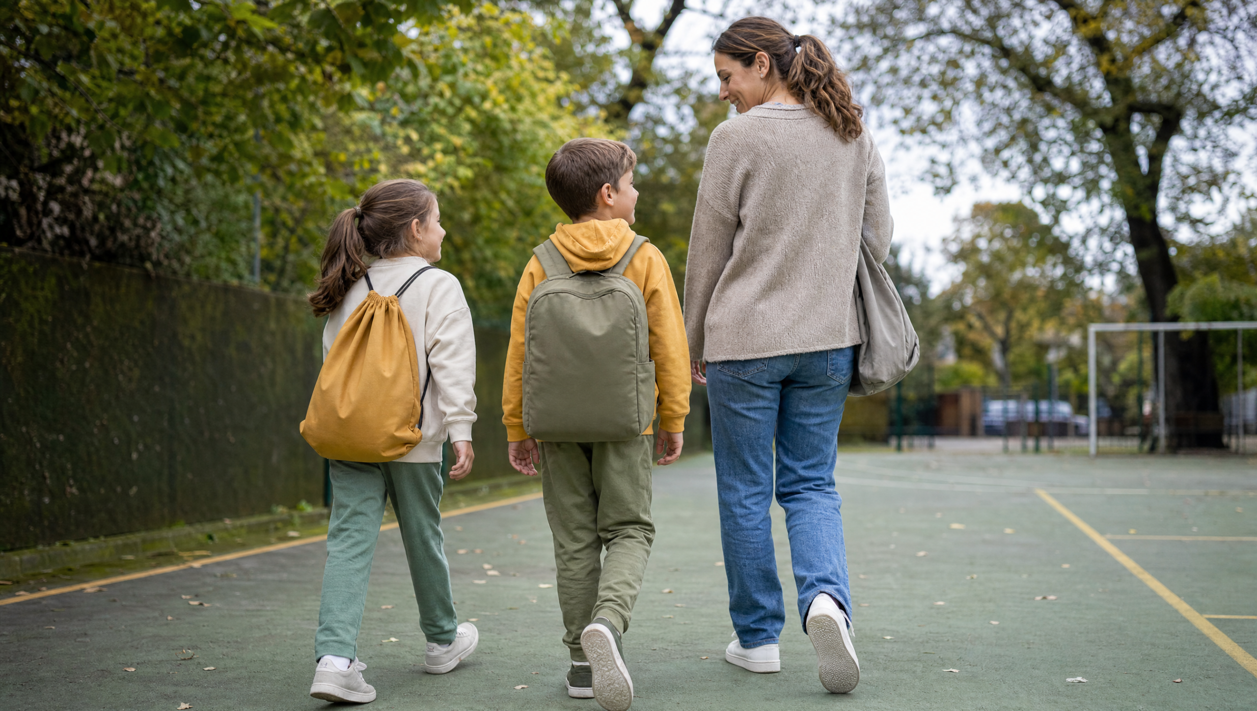 Dos niños comparando una mochila saco y una mochila convencional al salir de una pista deportiva