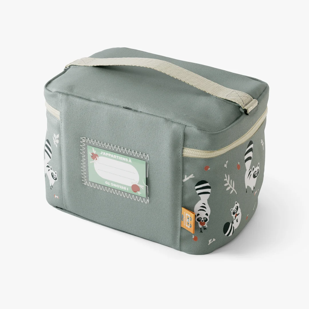 Parte trasera de la bolsa Frosty Racoon con ventana de identificación