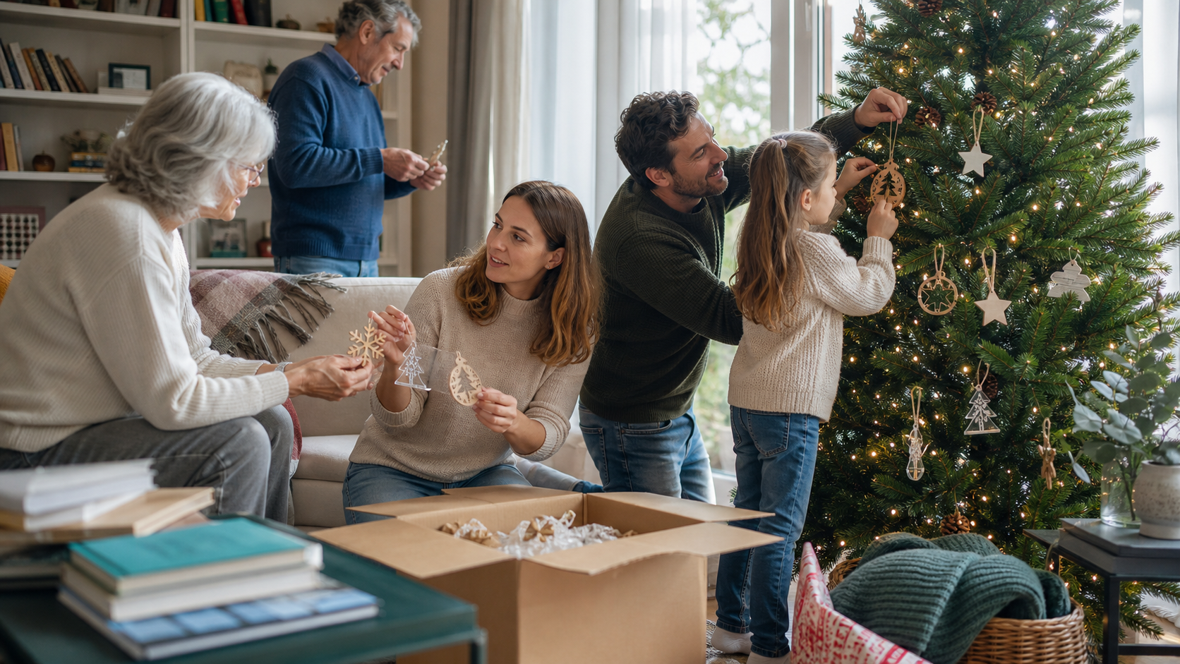 Familia eligiendo adornos navideños personalizados para el árbol
