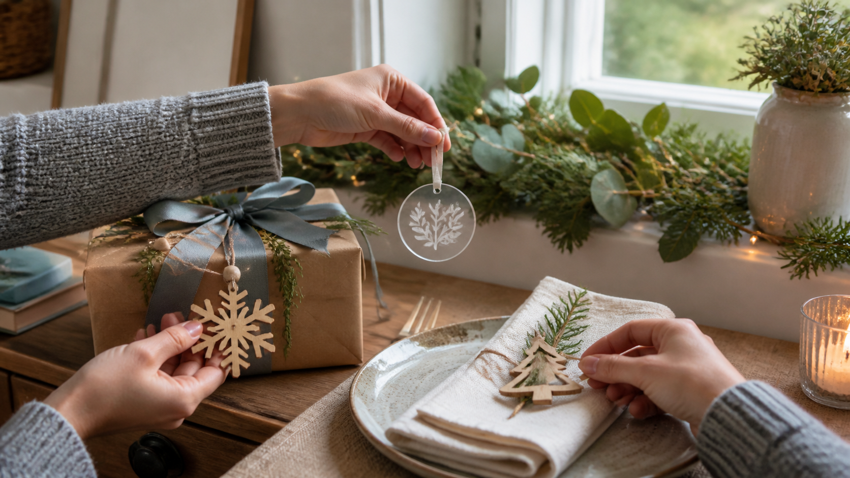 Adornos navideños usados en un regalo, una guirnalda y una mesa