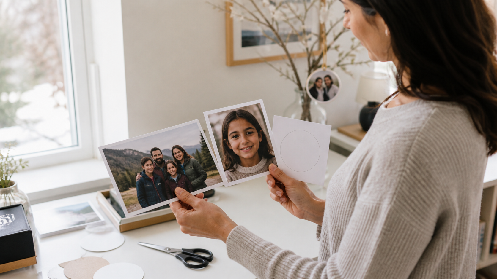 Mujer comparando fotografías para crear una bola de Navidad