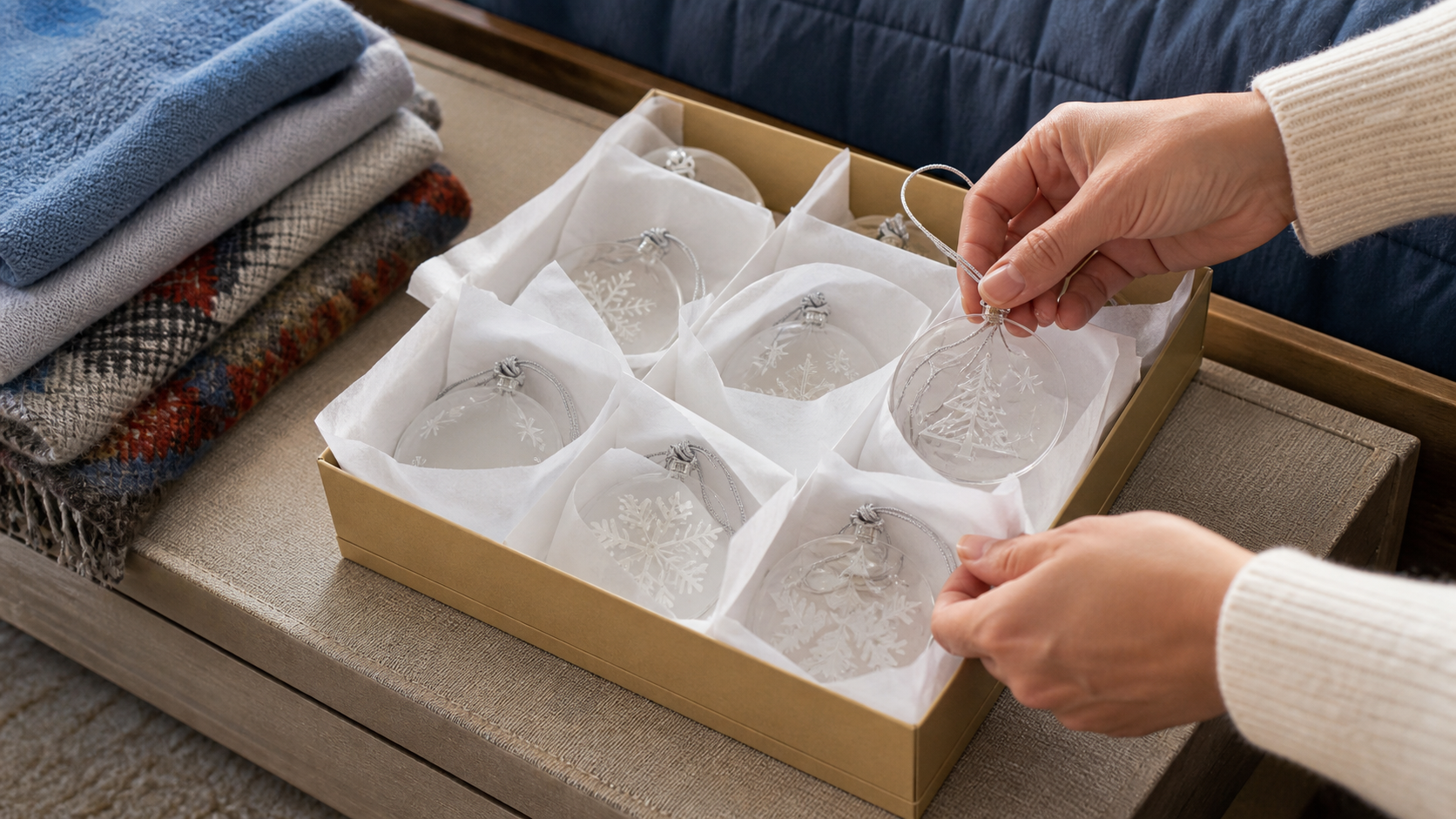 Adornos transparentes separados con papel para evitar arañazos
