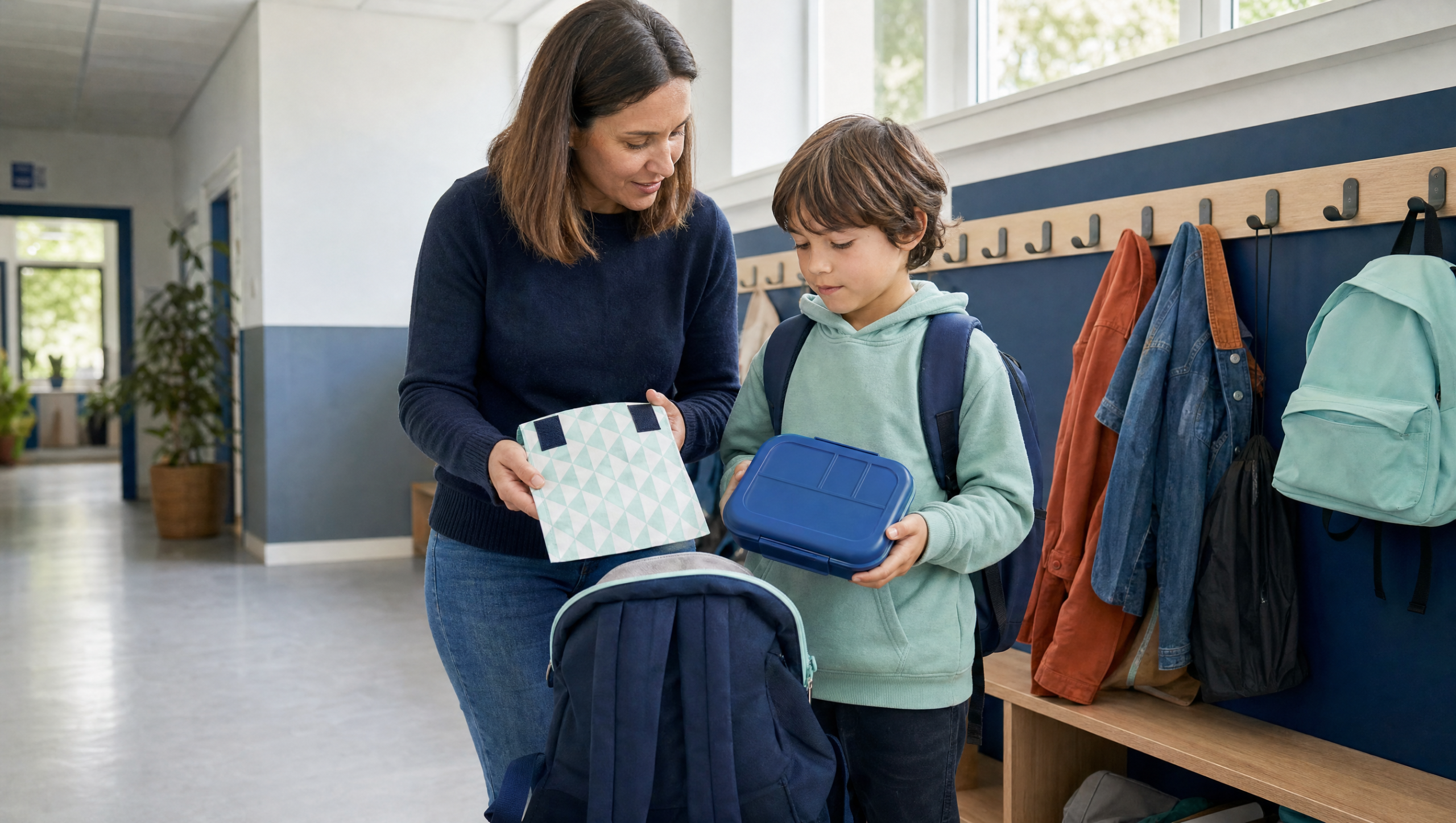 Madre e hijo comparando un portabocadillos flexible y una fiambrera rígida en el guardarropa escolar