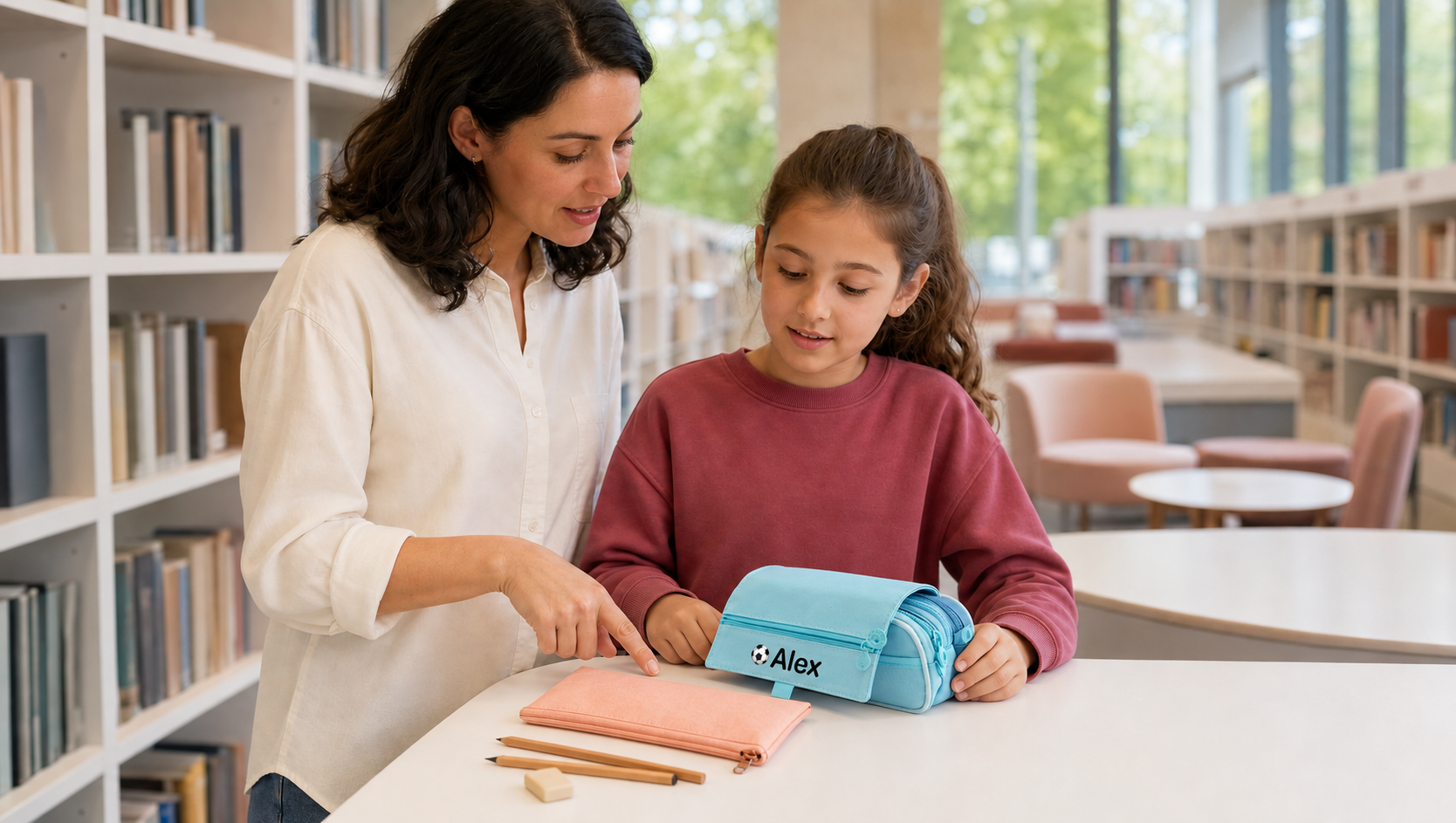 Madre e hija comparando un estuche simple y un estuche azul de tres cremalleras en una biblioteca