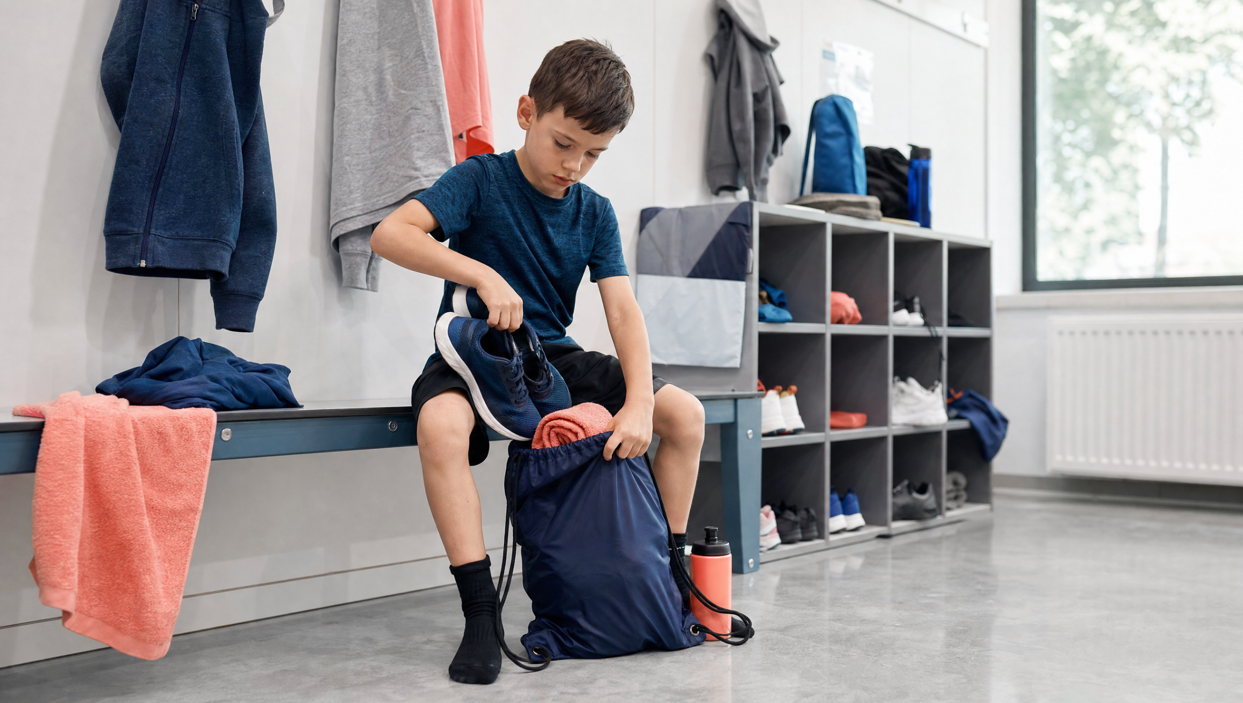 Niño guardando zapatillas y toalla en una mochila saco en el vestuario