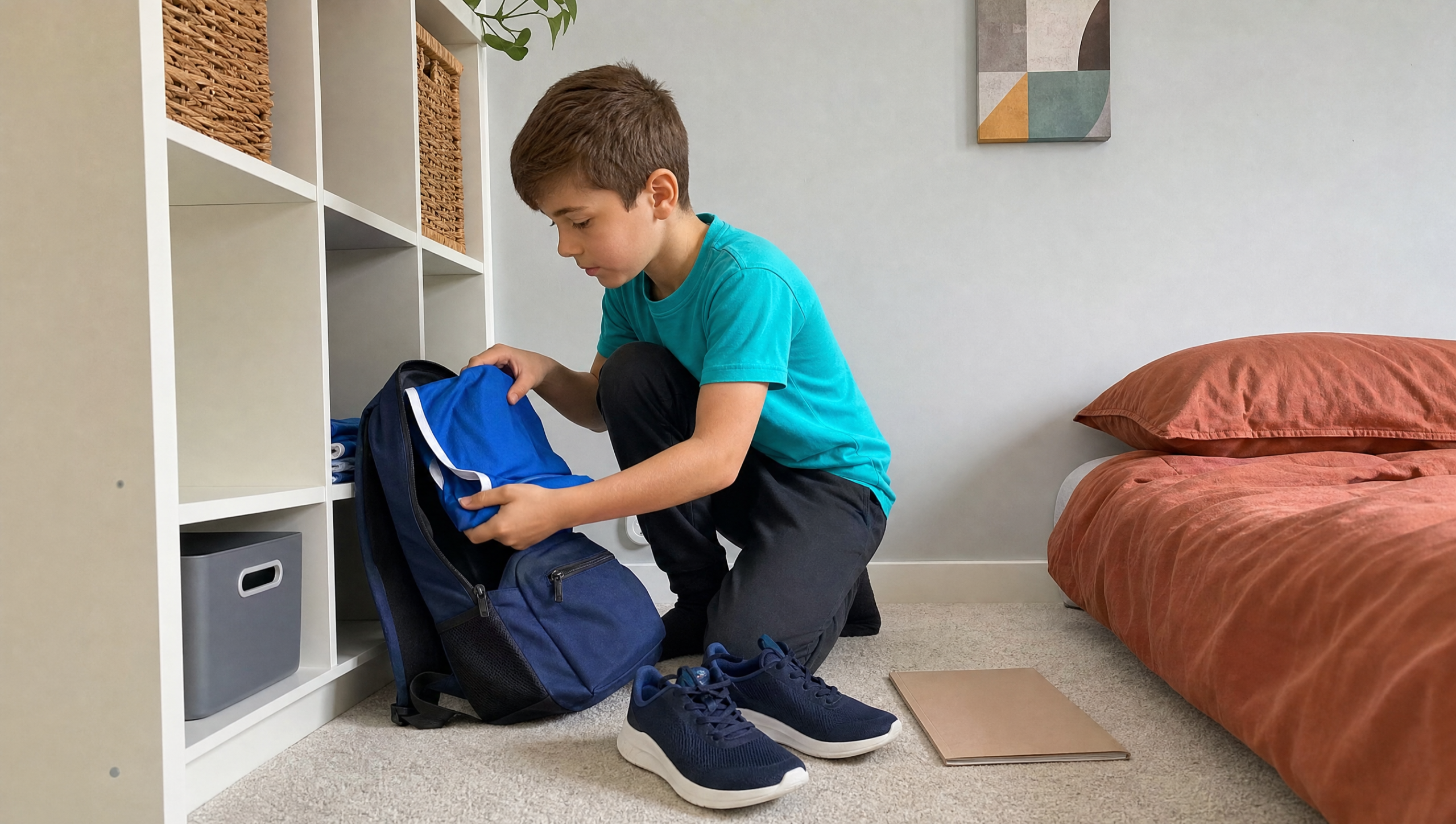 Niño preparando la ropa de deporte en su mochila para la actividad del día siguiente