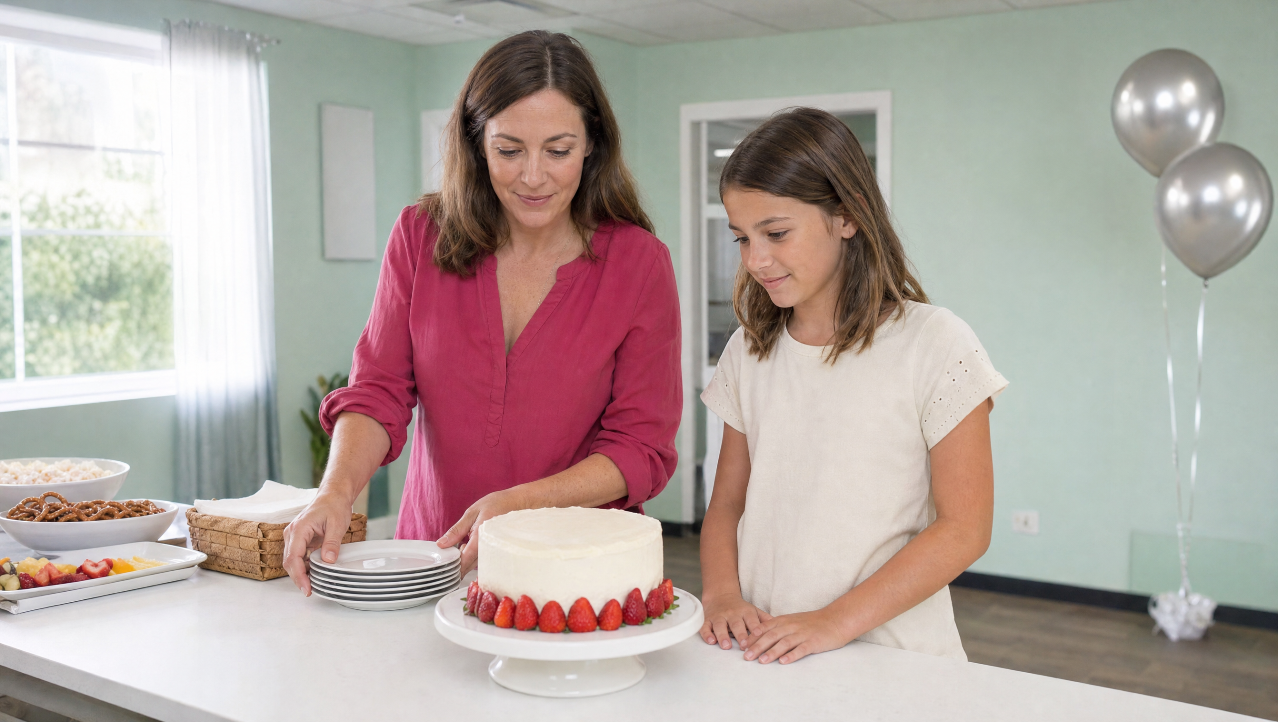 Mujer y niña preparando una tarta y los platos para una celebración familiar