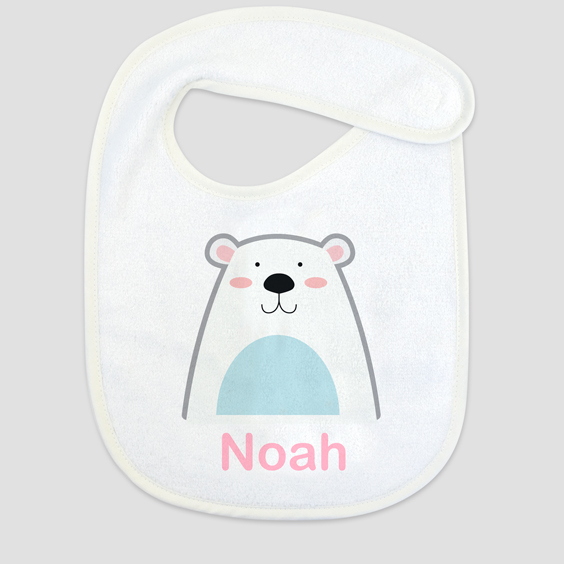 Babero blanco personalizado con un oso y el nombre Noah
