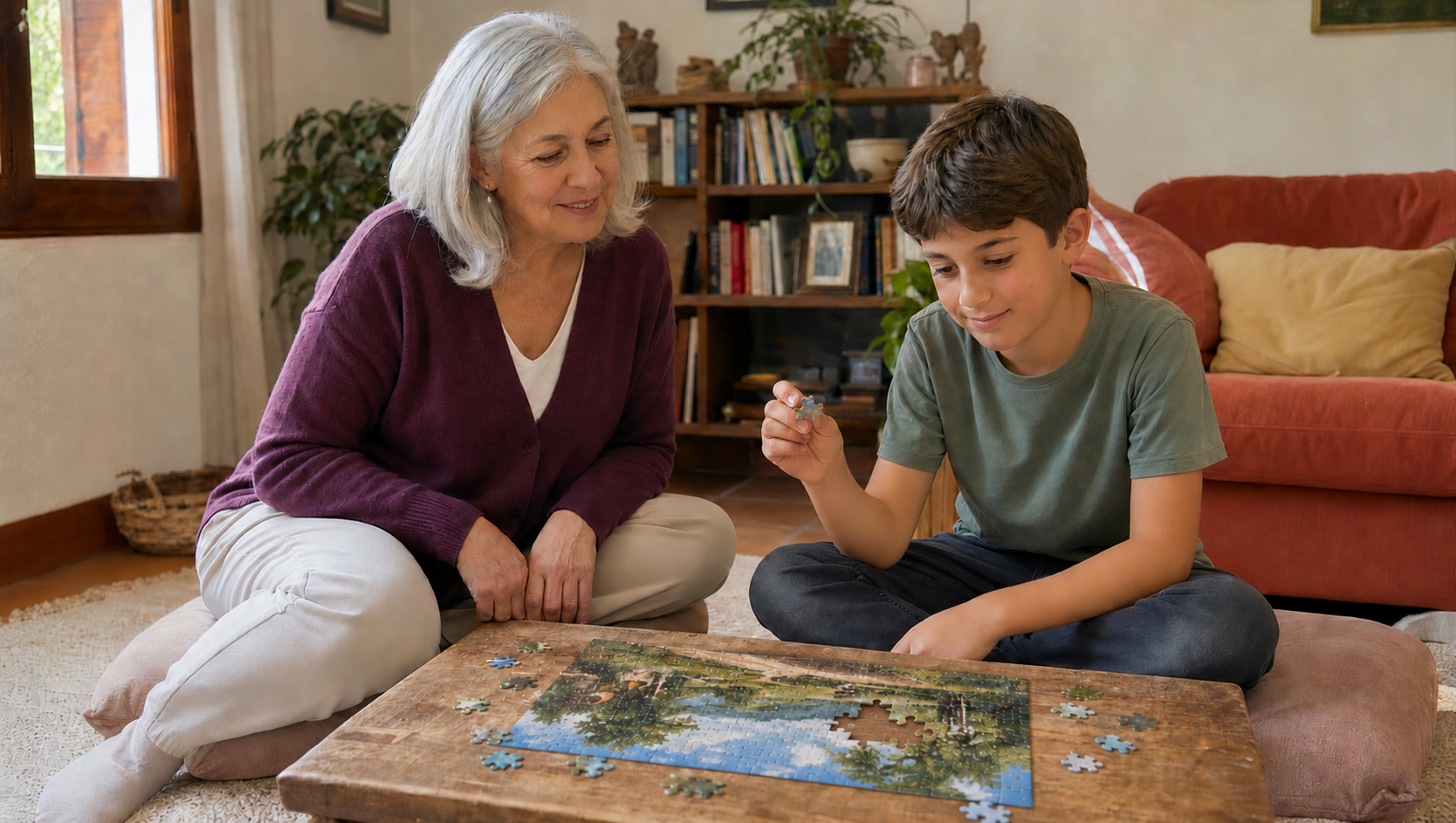 Abuela y nieto montando un puzzle con un hueco visible para colocar una pieza