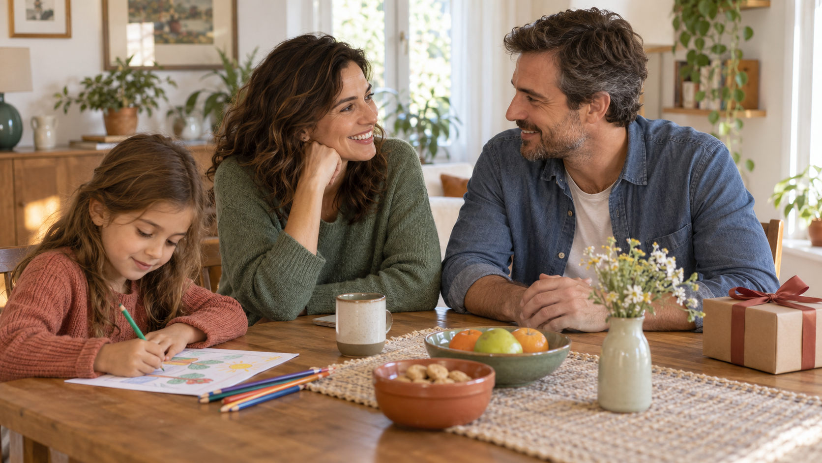 Familia conversando en casa mientras una niña dibuja, con un regalo a un lado